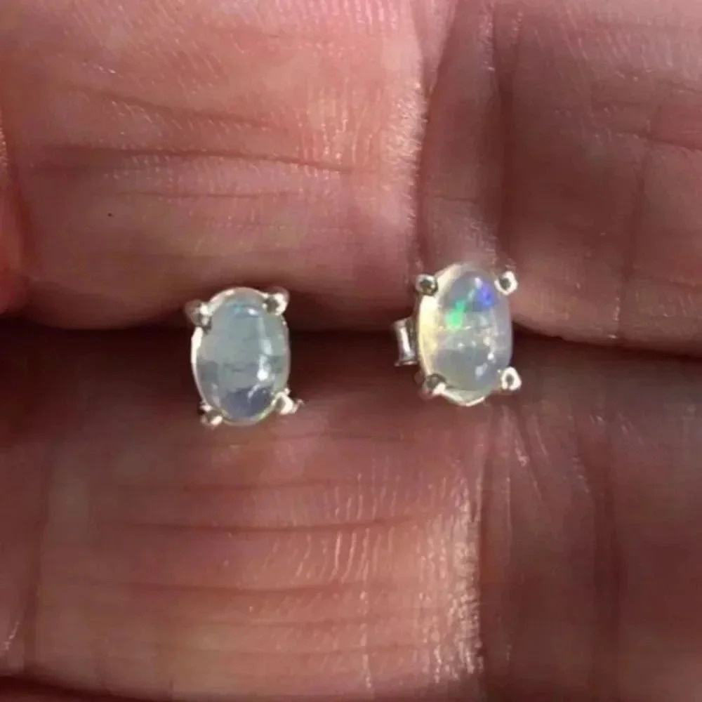 Authentic Ethiopian Opal & 925 Sterling Silver Stud Earrings Unisex NWT